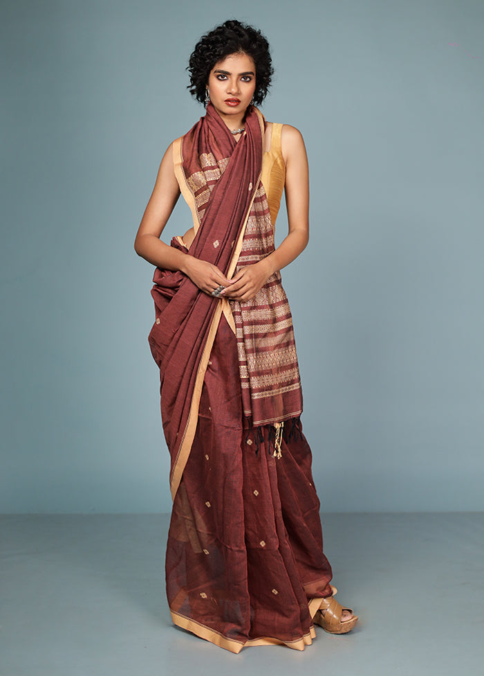 Brown Pure Cotton Saree Without Blouse Piece