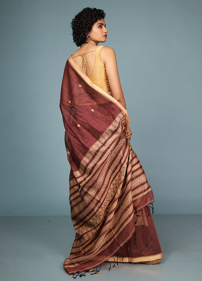 Brown Pure Cotton Saree Without Blouse Piece