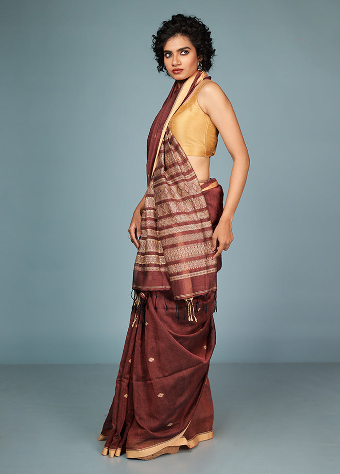 Brown Pure Cotton Saree Without Blouse Piece