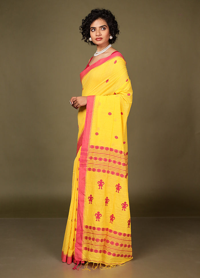 Yellow Pure Cotton Saree Without Blouse Piece