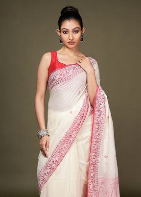 White Pure Cotton Saree With Blouse Piece