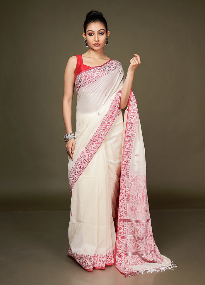 White Pure Cotton Saree With Blouse Piece