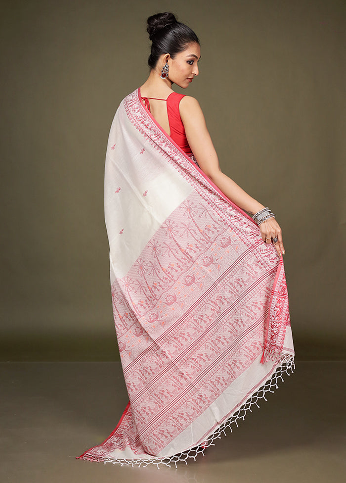 White Pure Cotton Saree With Blouse Piece