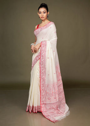 White Pure Cotton Saree With Blouse Piece