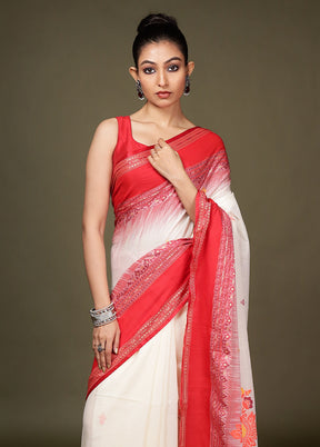 White Pure Cotton Saree With Blouse Piece