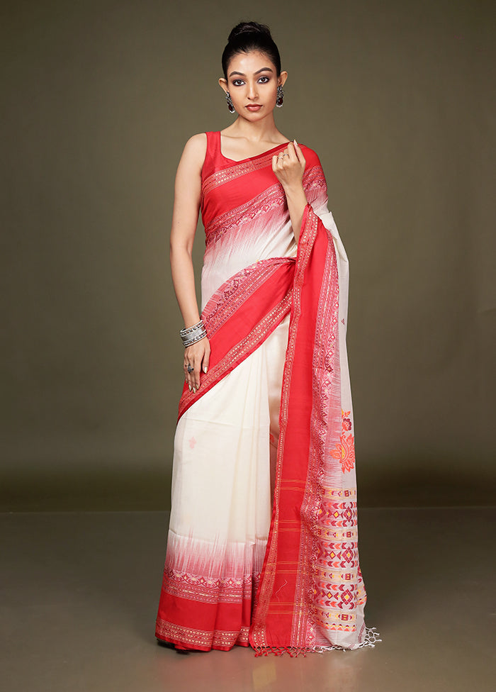 White Pure Cotton Saree With Blouse Piece