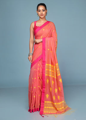 Peach Pure Cotton Saree With Blouse Piece