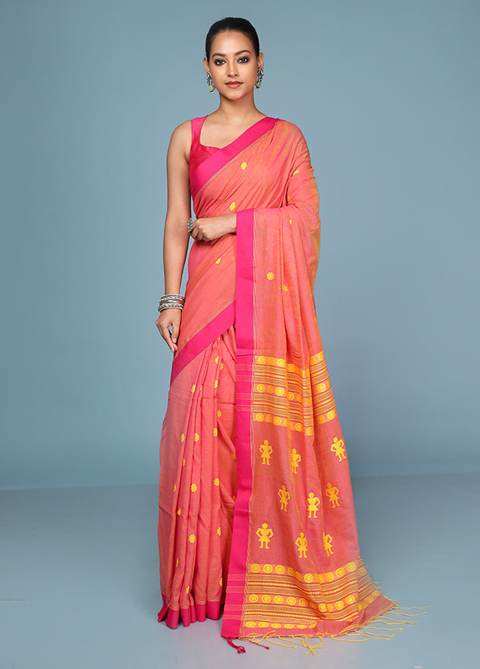 Peach Pure Cotton Saree With Blouse Piece