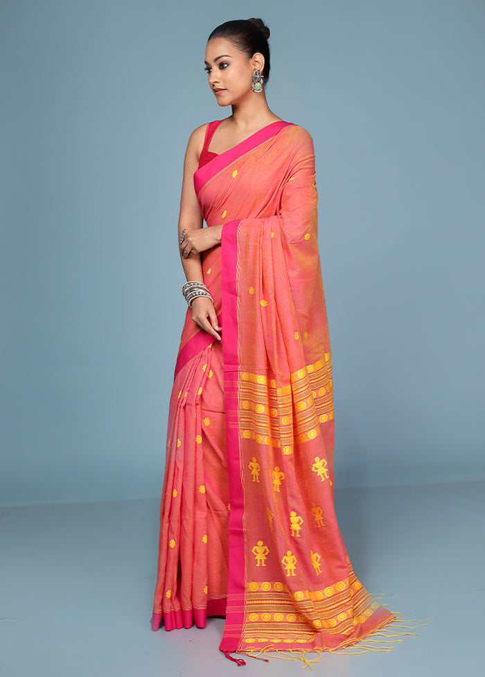 Peach Pure Cotton Saree With Blouse Piece