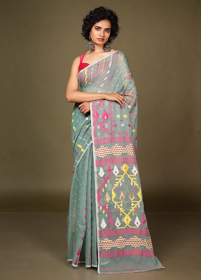 Green Tant Jamdani Saree Without Blouse Piece