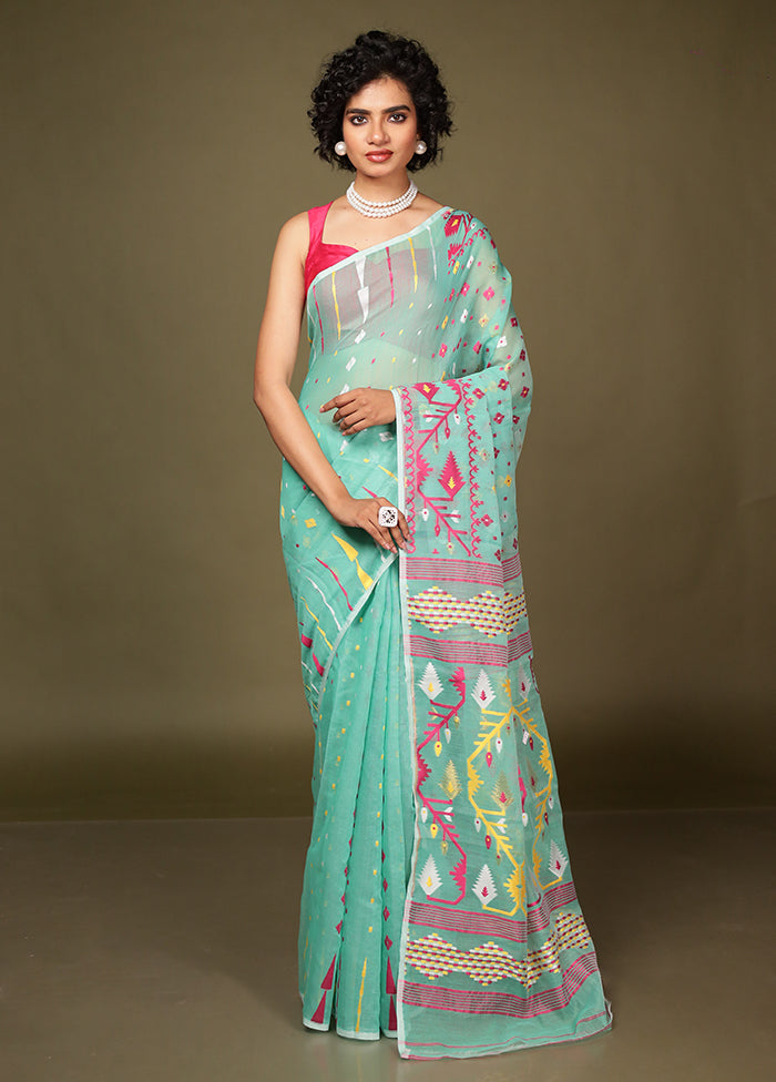 Green Tant Jamdani Saree Without Blouse Piece