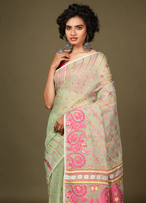 Green Tant Jamdani Saree Without Blouse Piece