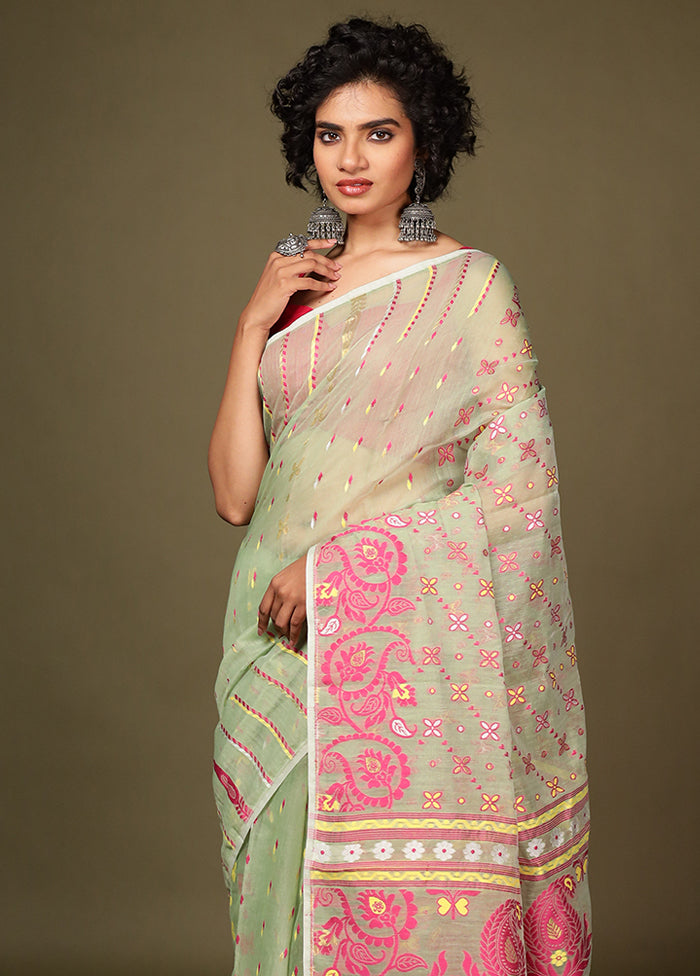 Green Tant Jamdani Saree Without Blouse Piece