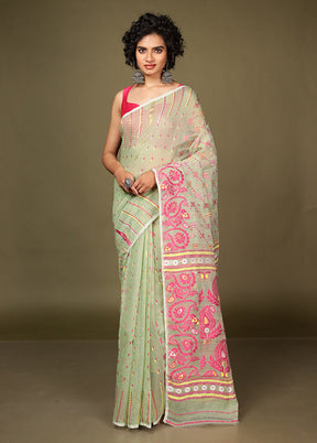 Green Tant Jamdani Saree Without Blouse Piece