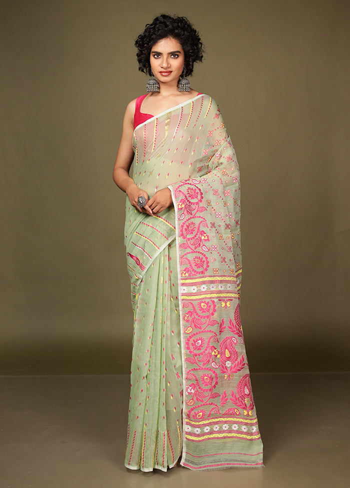 Green Tant Jamdani Saree Without Blouse Piece