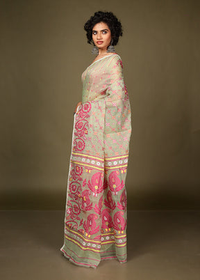 Green Tant Jamdani Saree Without Blouse Piece