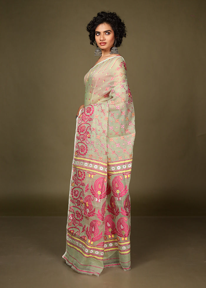 Green Tant Jamdani Saree Without Blouse Piece