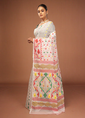 White Jamdani Cotton Saree Without Blouse Piece