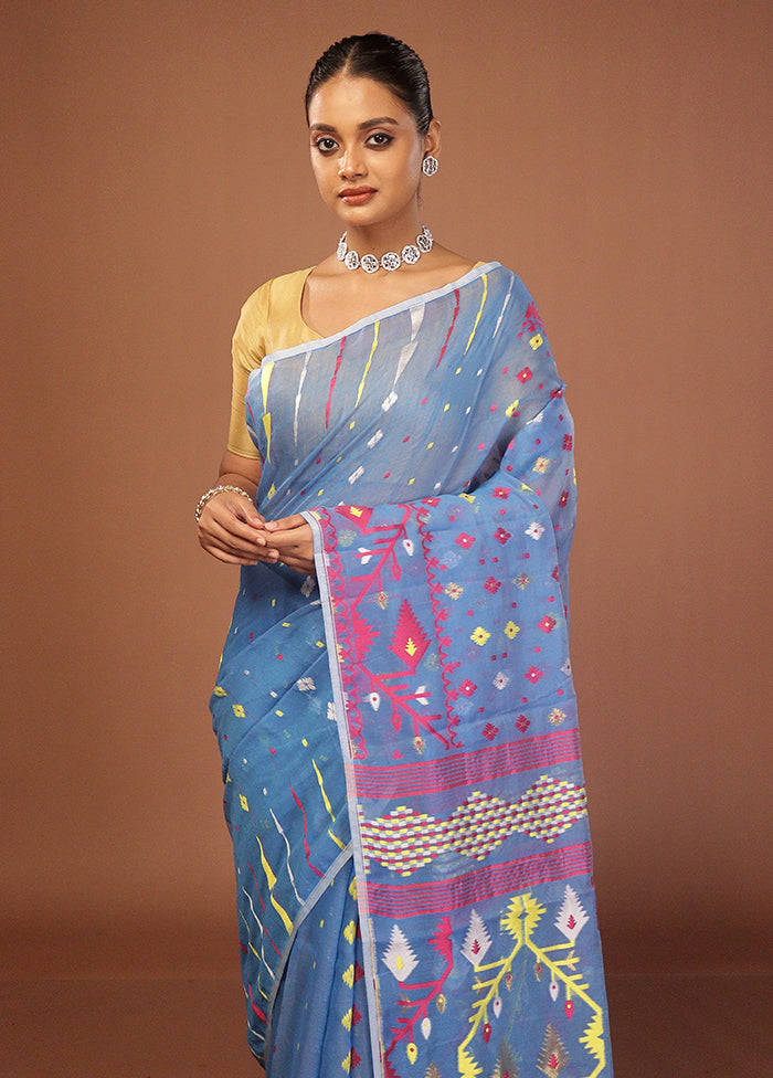Blue Jamdani Cotton Saree Without Blouse Piece