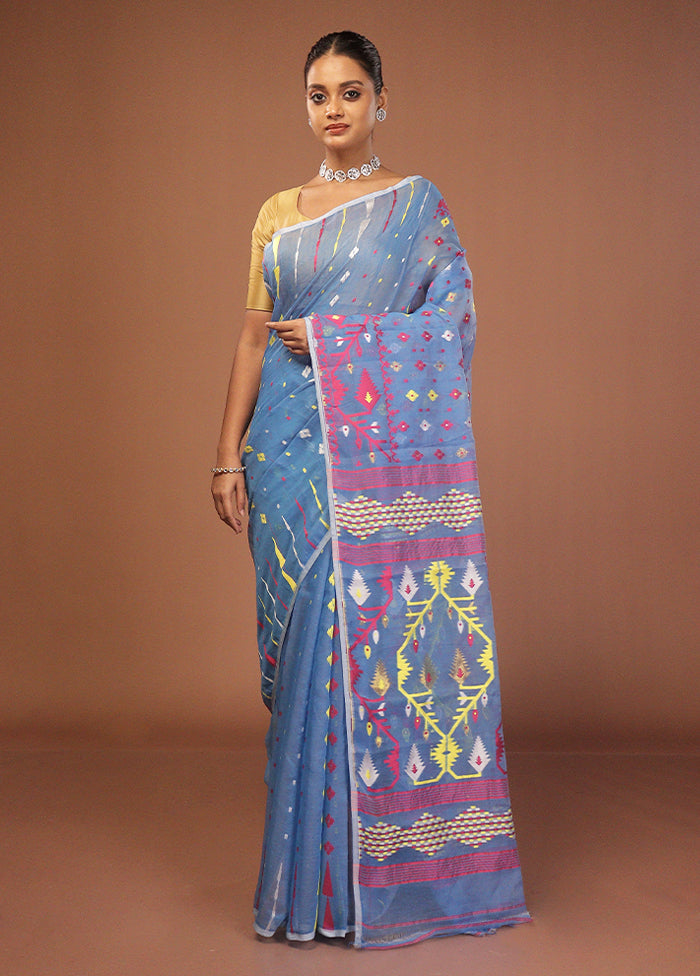 Blue Jamdani Cotton Saree Without Blouse Piece
