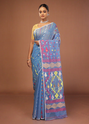 Blue Jamdani Cotton Saree Without Blouse Piece