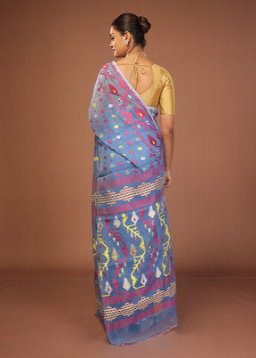 Blue Jamdani Cotton Saree Without Blouse Piece