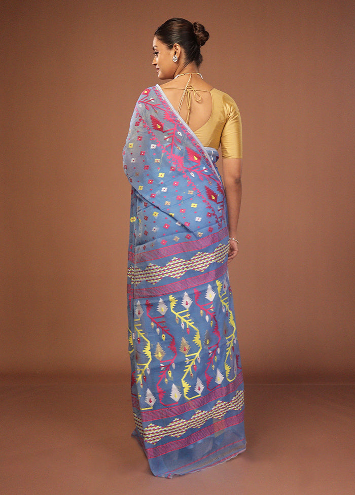 Blue Jamdani Cotton Saree Without Blouse Piece