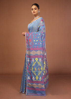 Blue Jamdani Cotton Saree Without Blouse Piece
