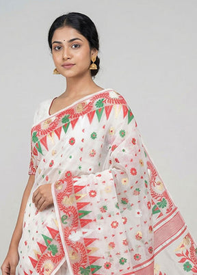 White Jamdani Cotton Saree Without Blouse Piece