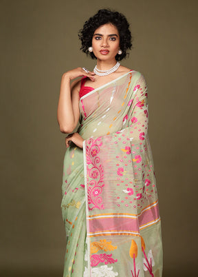 Green Tant Jamdani Saree Without Blouse Piece
