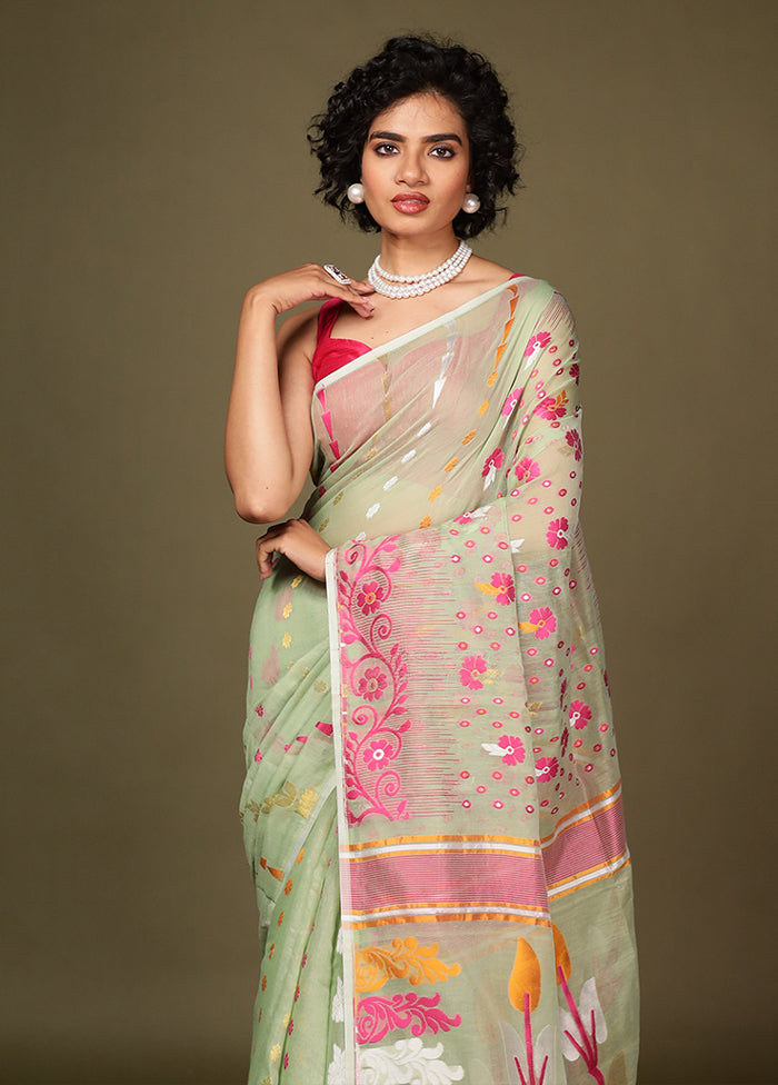 Green Tant Jamdani Saree Without Blouse Piece