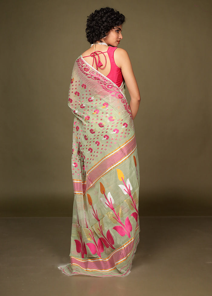 Green Tant Jamdani Saree Without Blouse Piece