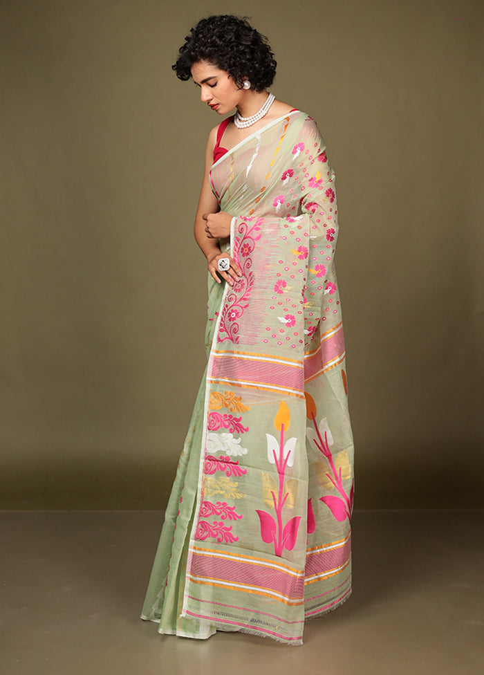 Green Tant Jamdani Saree Without Blouse Piece