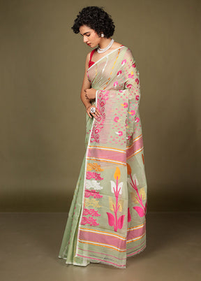 Green Tant Jamdani Saree Without Blouse Piece