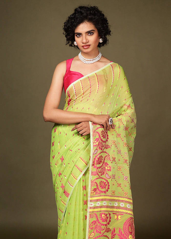 Green Tant Jamdani Saree Without Blouse Piece