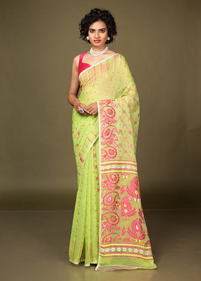 Green Tant Jamdani Saree Without Blouse Piece