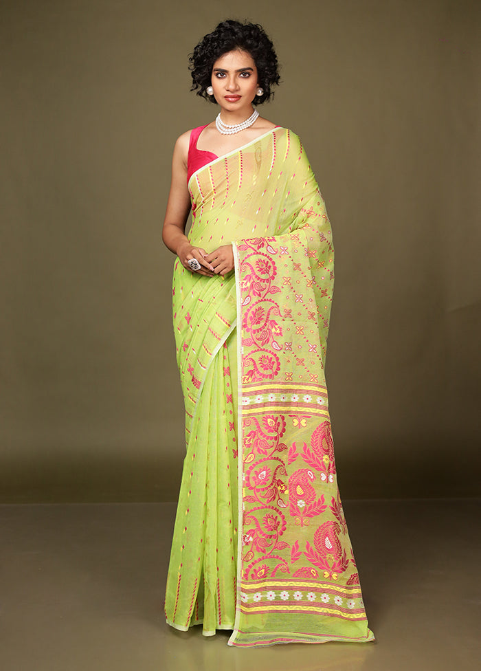 Green Tant Jamdani Saree Without Blouse Piece