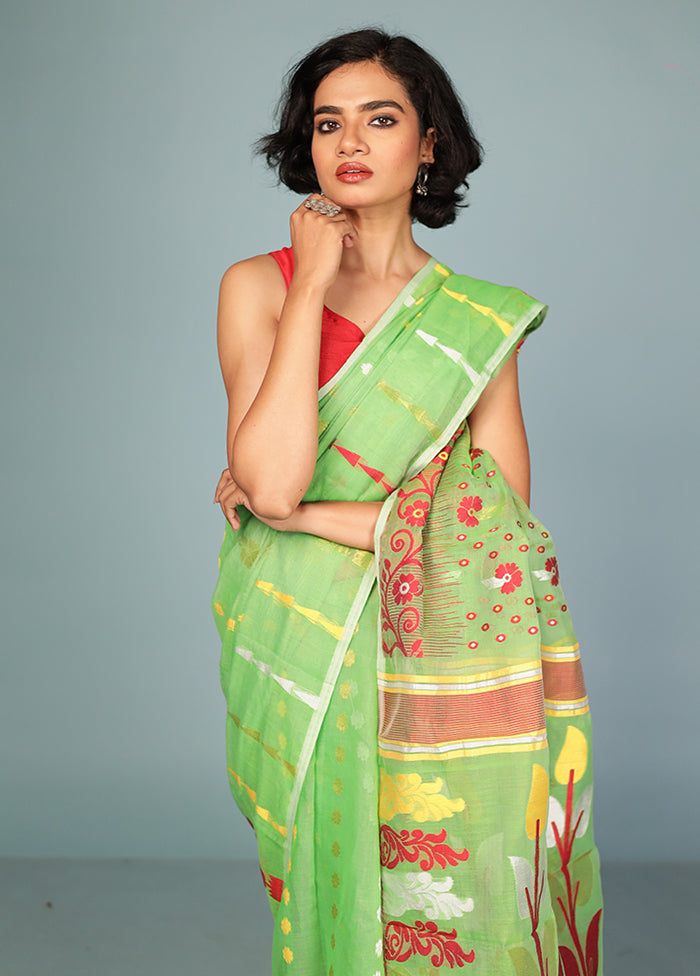 Green Tant Jamdani Saree Without Blouse Piece