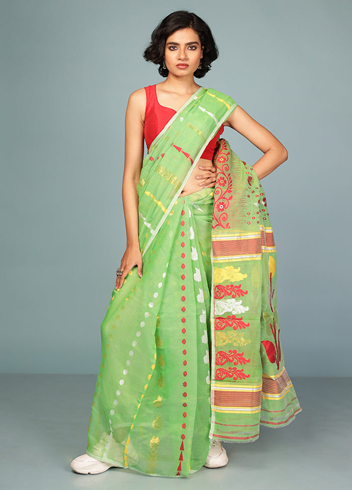 Green Tant Jamdani Saree Without Blouse Piece