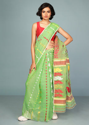 Green Tant Jamdani Saree Without Blouse Piece