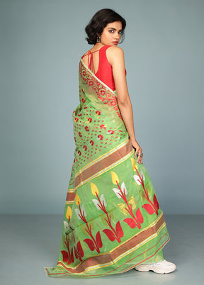 Green Tant Jamdani Saree Without Blouse Piece