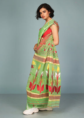 Green Tant Jamdani Saree Without Blouse Piece