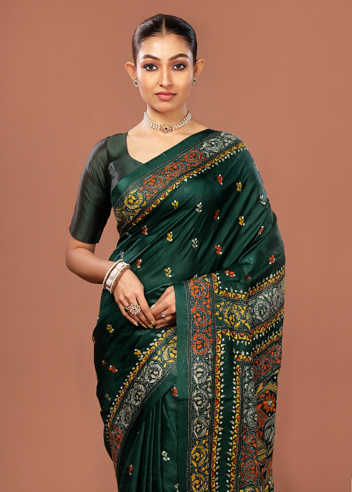 Green Kantha Stitch Pure Silk Saree With Blouse Piece
