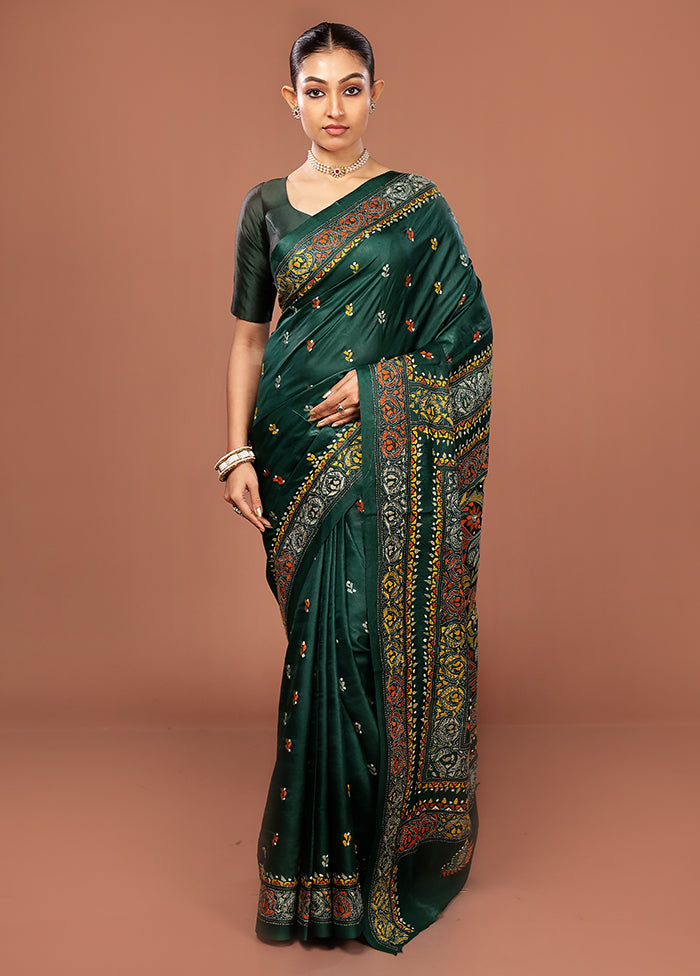 Green Kantha Stitch Pure Silk Saree With Blouse Piece