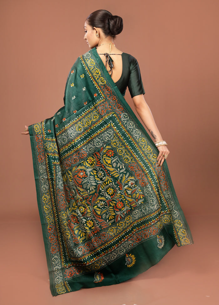 Green Kantha Stitch Pure Silk Saree With Blouse Piece