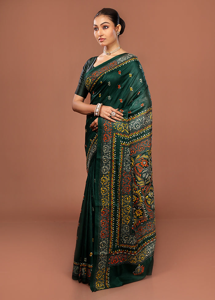 Green Kantha Stitch Pure Silk Saree With Blouse Piece
