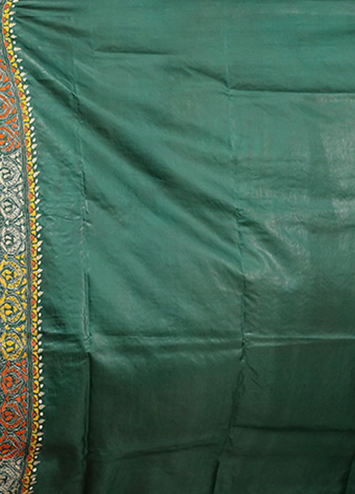 Green Kantha Stitch Pure Silk Saree With Blouse Piece