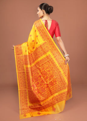 Yellow Kantha Stitch Pure Silk Saree With Blouse Piece