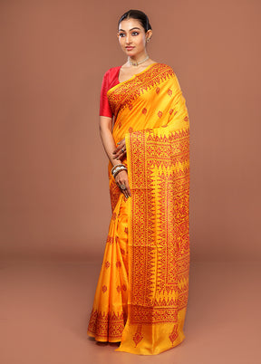 Yellow Kantha Stitch Pure Silk Saree With Blouse Piece