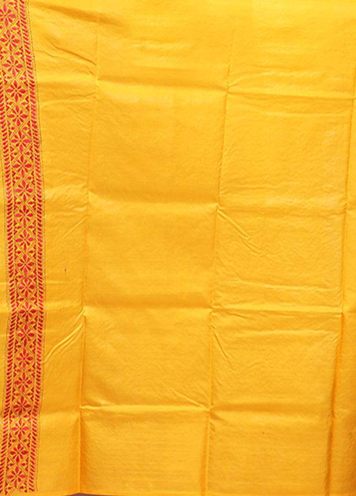 Yellow Kantha Stitch Pure Silk Saree With Blouse Piece